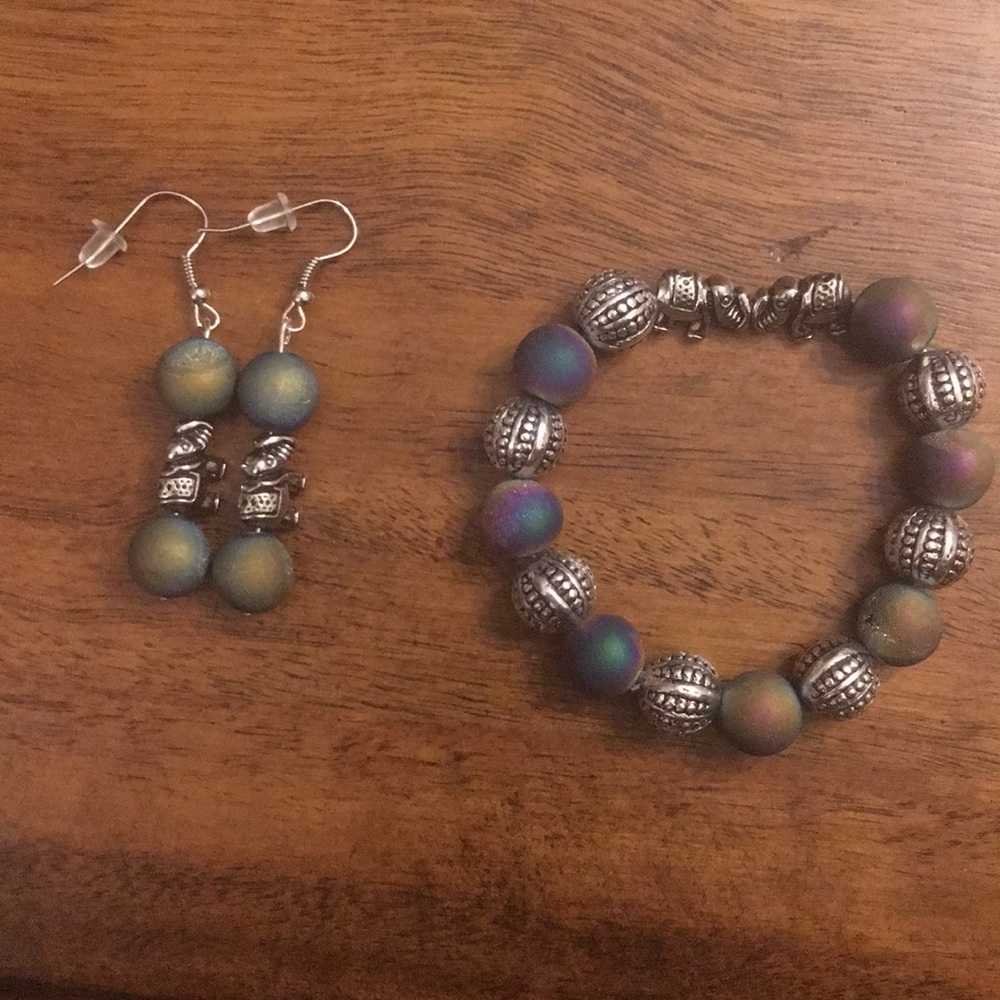 Elephant and stone handmade bracelet and earrings